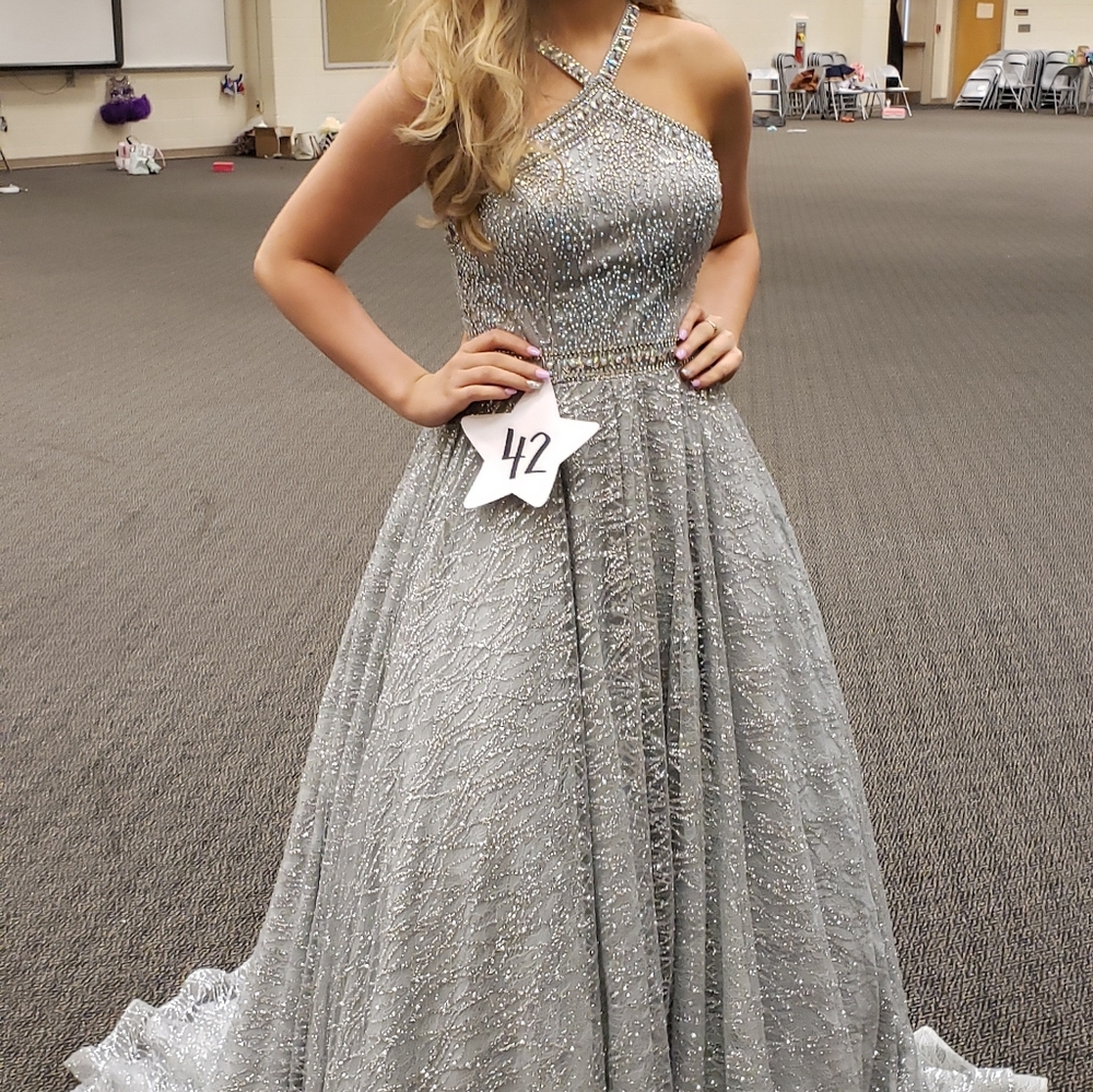 Silver Tiffany Halter Pageant Prom Ballgown Dress